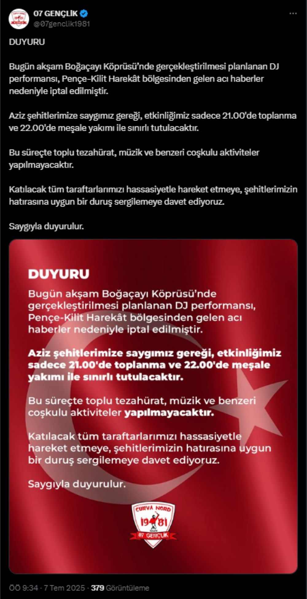 07 Gençlik Şehitler İçin Eğlenceyi İptal Etti