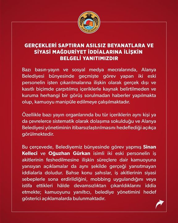 1 Alanya Belediyesi'nden İşten Çıkarmalarla İlgili İddialara Yanıt