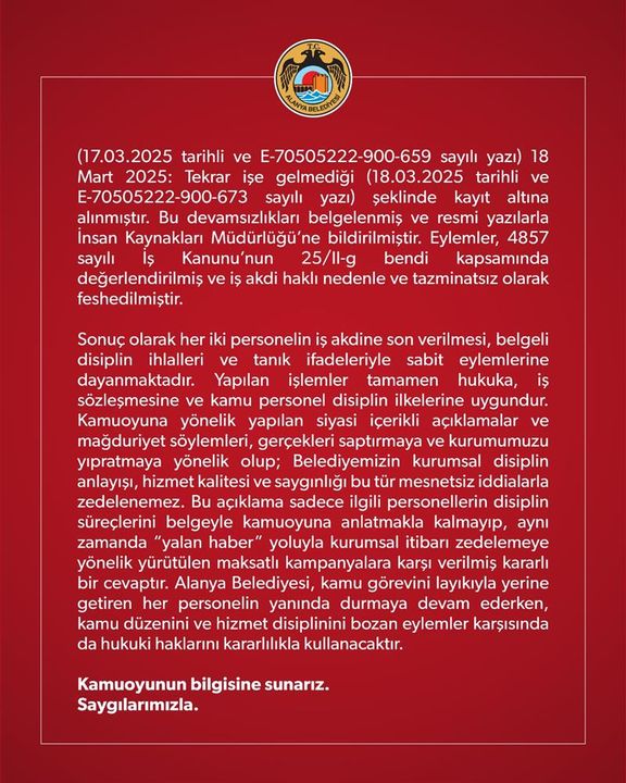 5 Alanya Belediyesi'nden İşten Çıkarmalarla İlgili İddialara Yanıt