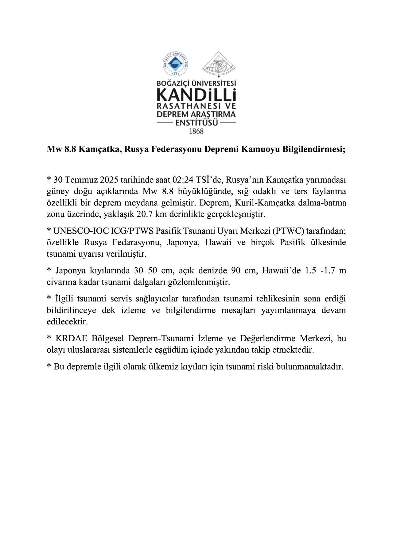 Rusya'daki 8.8 Büyüklüğündeki Deprem Sonrası Türkiye'de Tsunami Bekleniyor Mu?