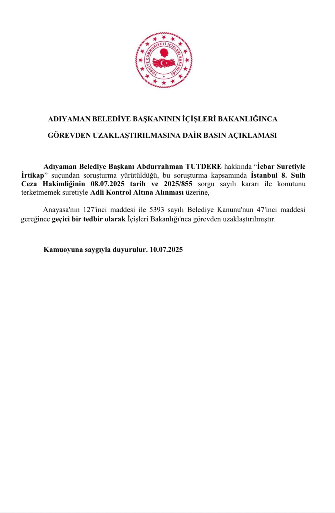 Adıyaman Belediye Başkanı Tutdere Görevden Uzaklaştırıldı
