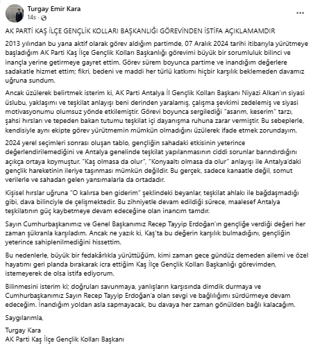 Ak Parti Kaş Gençlik Kolları Başkanı İstifa Etti! Turgay Kara’dan Sert Eleştiri 2