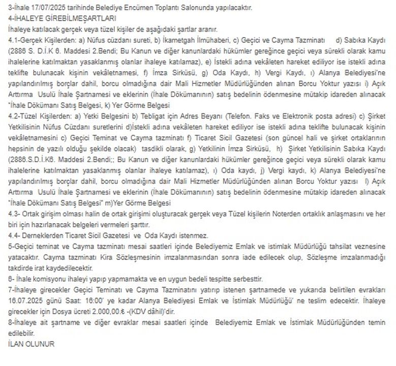 Alanya'da Belediye Sondaj Alanı Ve İşyerleri Dahil 15 Taşınmazı Kiraya Veriyor3 Alanya'da Belediye Sondaj Alanı Ve İşyerleri Dahil 15 Taşınmazı Kiraya Veriyor