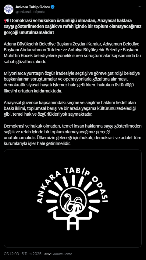 Ankara Tabip Odası'ndan CHP'li Başkanların Gözaltılarına Tepki!