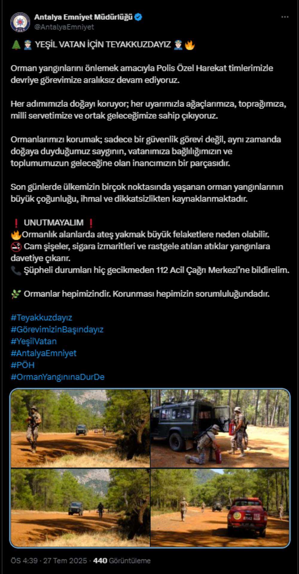 Antalya Emniyeti Orman Yangınlarına Karşı Harekete Geçti