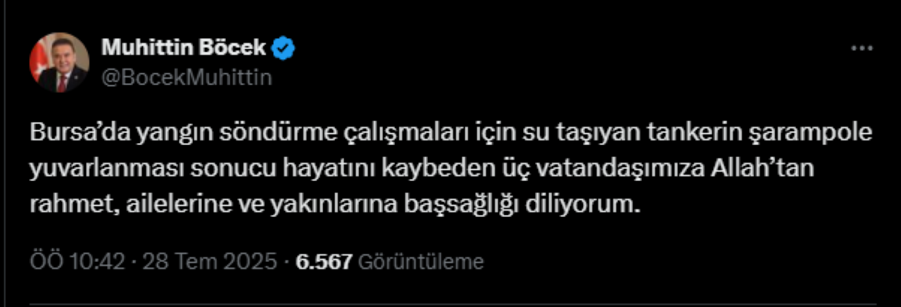 Böcek'ten Bursa'daki Yangın Kazasına Başsağlığı Mesajı
