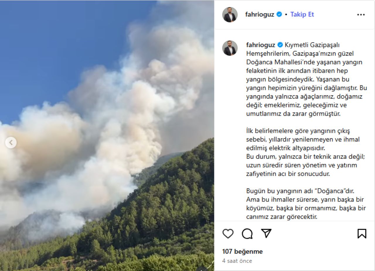 CHP Gazipaşa İlçe Başkanı Oğuz'dan Yangın Sonrası Tepki