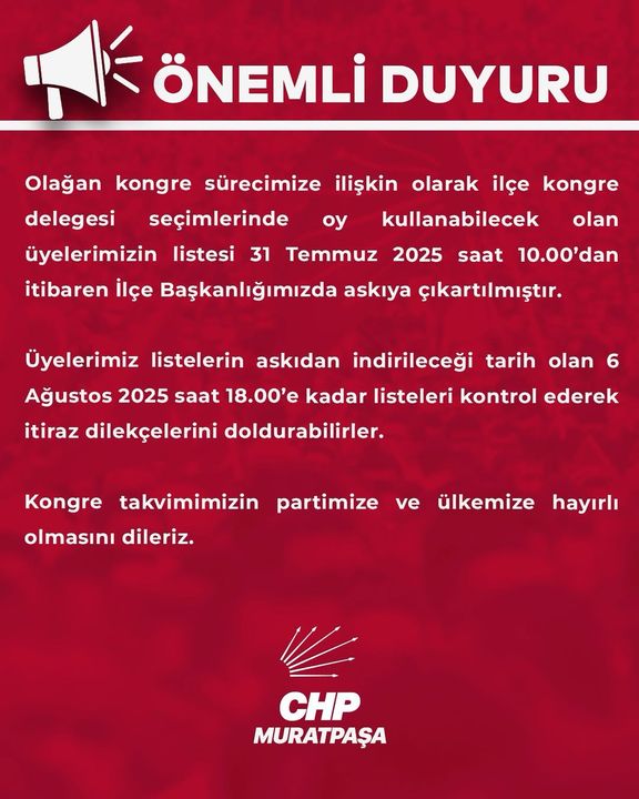 Chp Muratpaşa İlçe Kongresi İçin Üye Listeleri Askıya Çıktı! 2