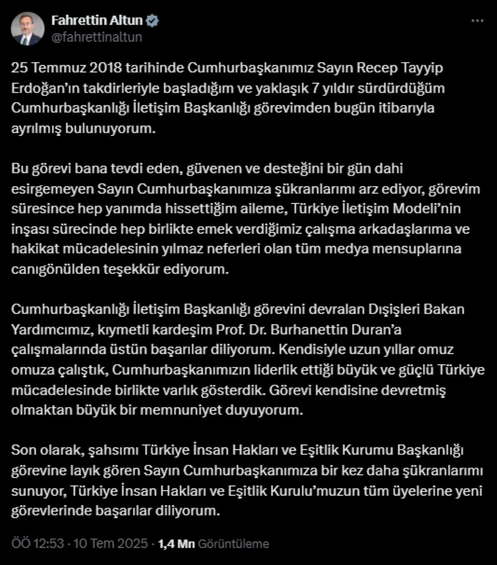 Cumhurbaşkanı Kararıyla Fahrettin Altun Görevden Alındı