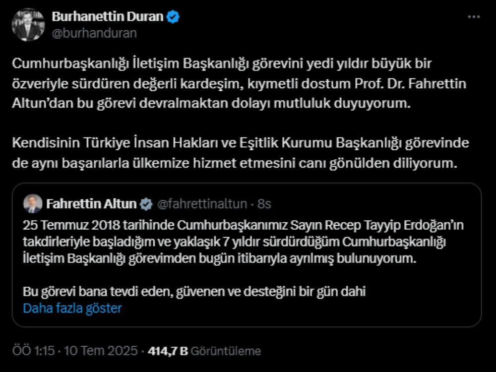 Cumhurbaşkanı Kararıyla Fahrettin Altun Görevden Alındı