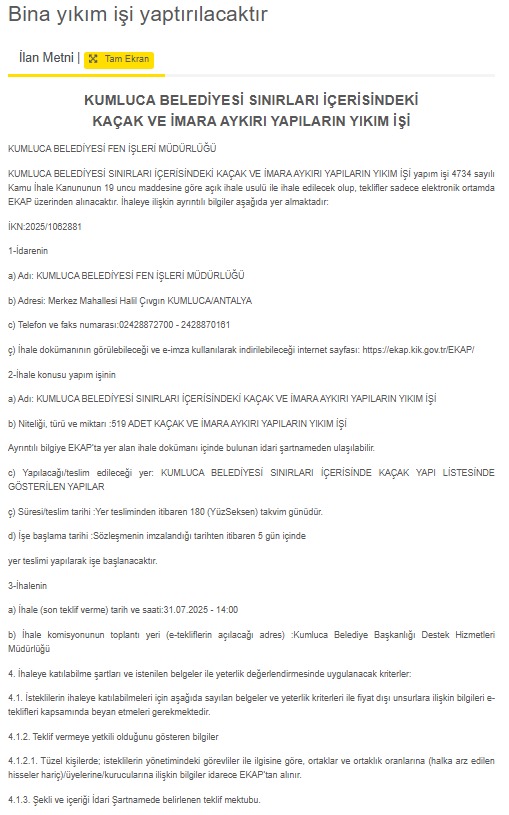 Kumluca Yıkım Ilan