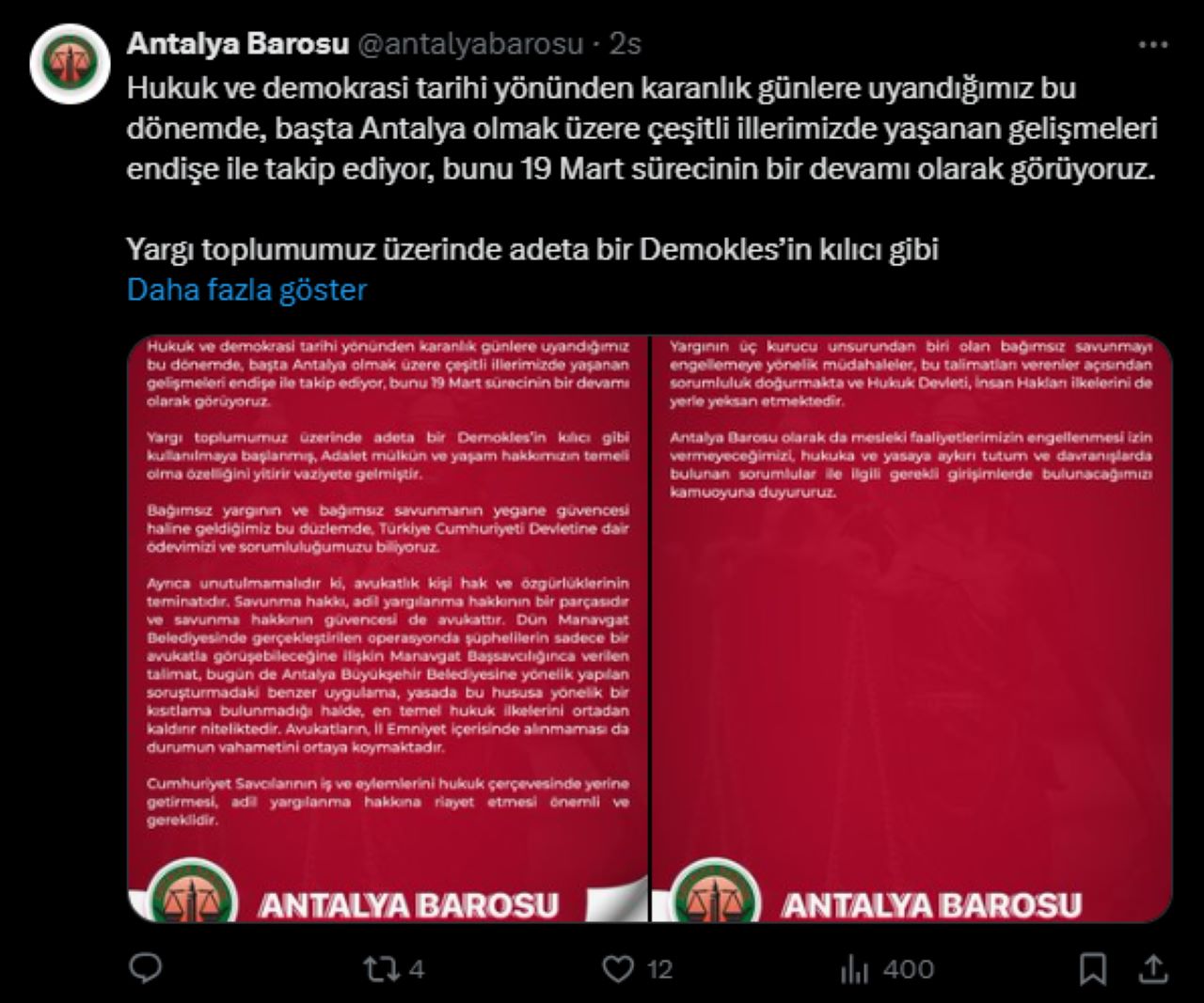 Muhittin Böcek'in Gözaltına Alınmasına Antalya Barosu'ndan Tepki!