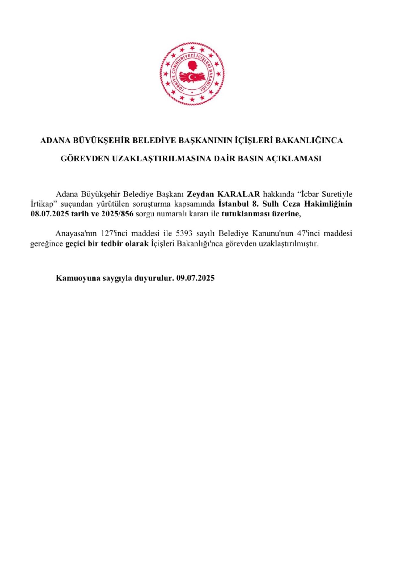 Tutuklanan Zeydan Karalar Görevden Uzaklaştırıldı