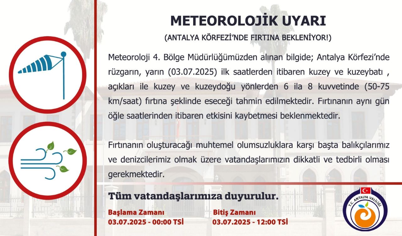 Valilikten Kritik Uyarı! Antalya Körfezi'nde Fırtına Alarmı