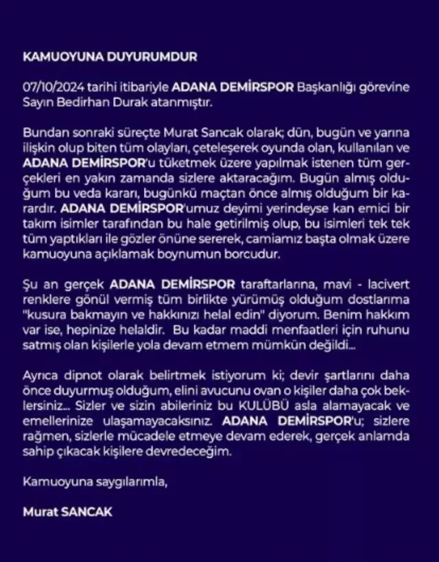Adana Demirspor'da Sancak depremi: İstifa ettiğini açıkladı!