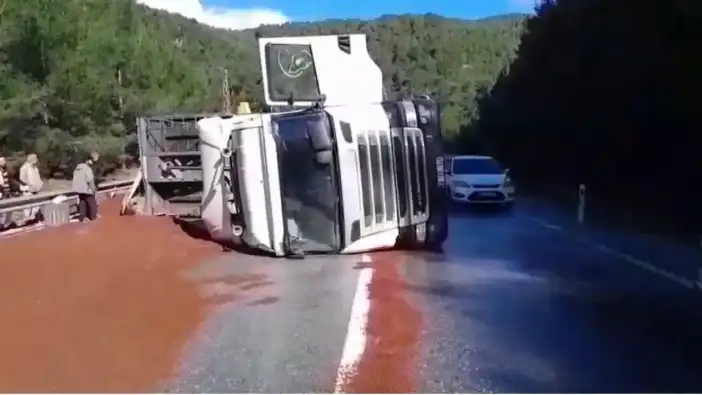 Akseki’de Tır Devrildi, Peyzaj Malzemeleri Yola Saçıldı