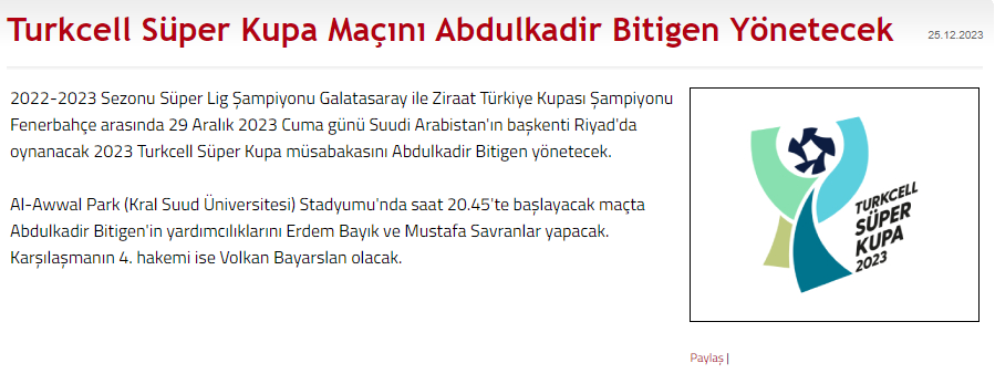 Riyad'da oynanacak Süper Kupa maçı hakemi beli oldu