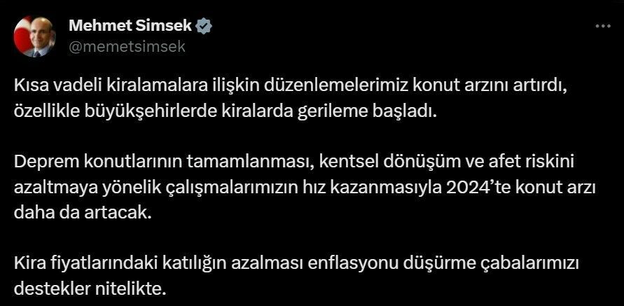 Bakan Şimşek'ten Kira Fiyatları Açıklaması