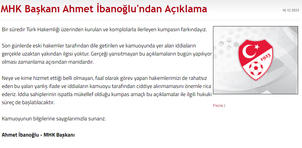 MHK Başkanı Ahmet İbanoğlu: ‘Türk Hakemliği üzerinden kurulan kumpasın farkındayız'