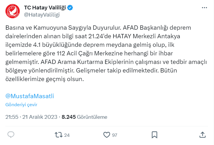 Depremin ardından Hatay Valiliği'nden açıklama