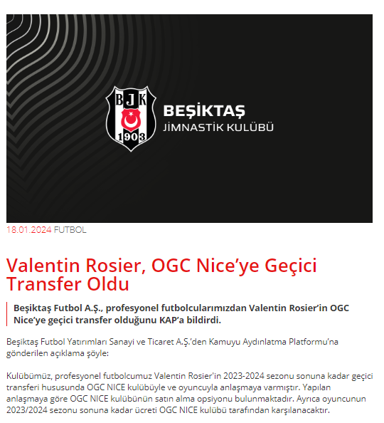 Beşiktaş Valentin Rosier'i Nice'e kiraladı