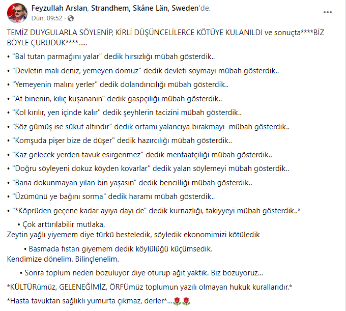 Antalya Eski Emniyet Müdürü Feyzullah Arslan'dan çürüyen toplum paylaşımı
