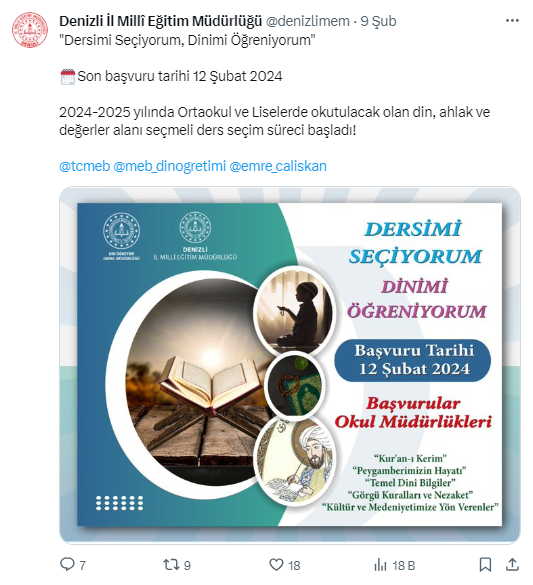 Denizli'de Milli Eğitim Müdürlüğü'nün paylaşımı tartışma yarattı