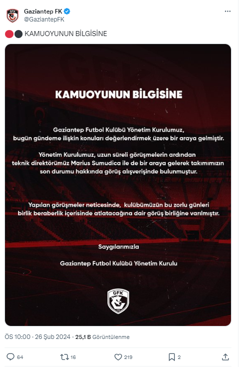 Gaziantep FK Teknik Direktör Sumudica ile yola devam ediyor