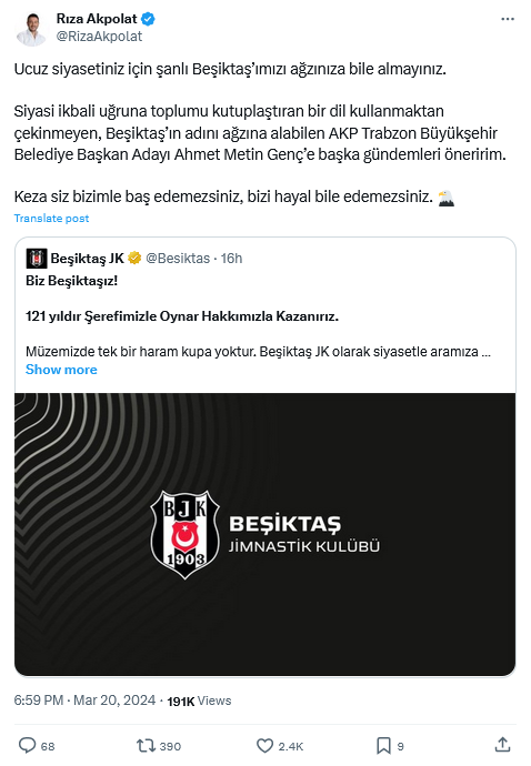 Beşiktaş Belediye Başkanından Ak Parti Trabzon Adayına