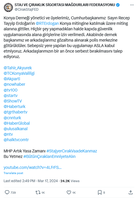 Staj Ve Çıraklık Sigortası Mağdurları Federasyonu'nun Açıklaması