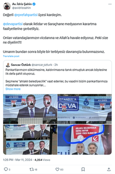 Yeniden Refah Partisi'nden Deva Partisi'nin Pankartlarına Saldırı! Result