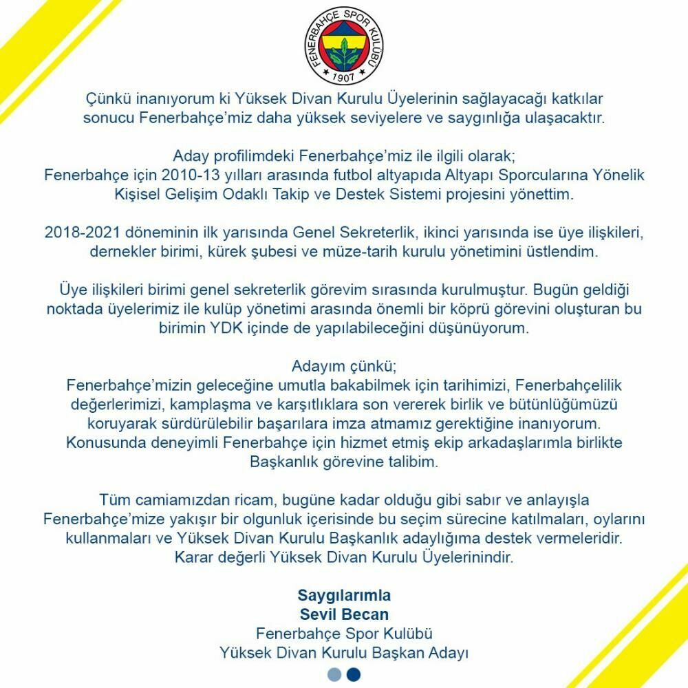 Sevil Becan Fenerbahçe Yüksek Divan Kurulu Başkanlığı’na adaylığını açıkladı