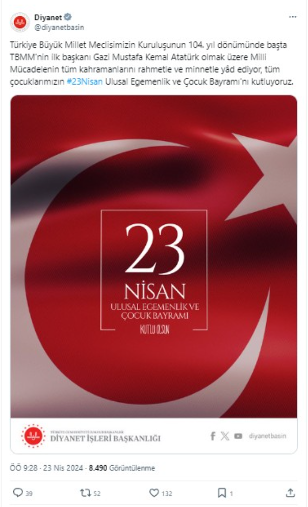 Diyanet 23 Nisan mesajında Atatürk'ü andı