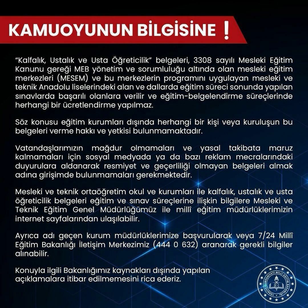 MEB Uyardı: Kalfalık Ustalık ve Usta Öğreticilik Belgesi Dolandırıcılığı!