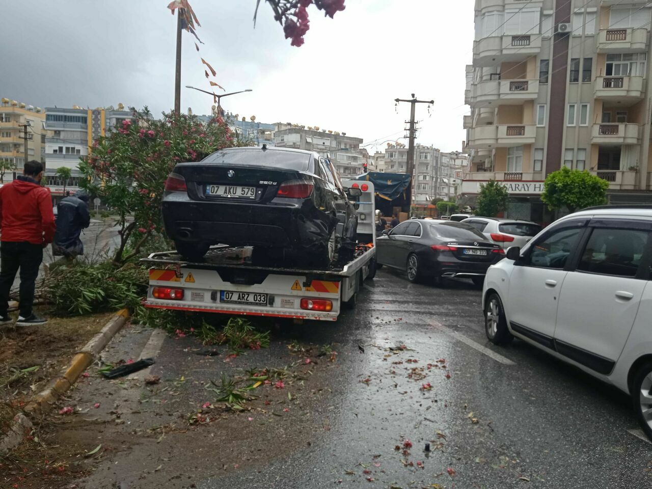 Alanya'da otomobil refüje çıkıp ağaçları devirdi
