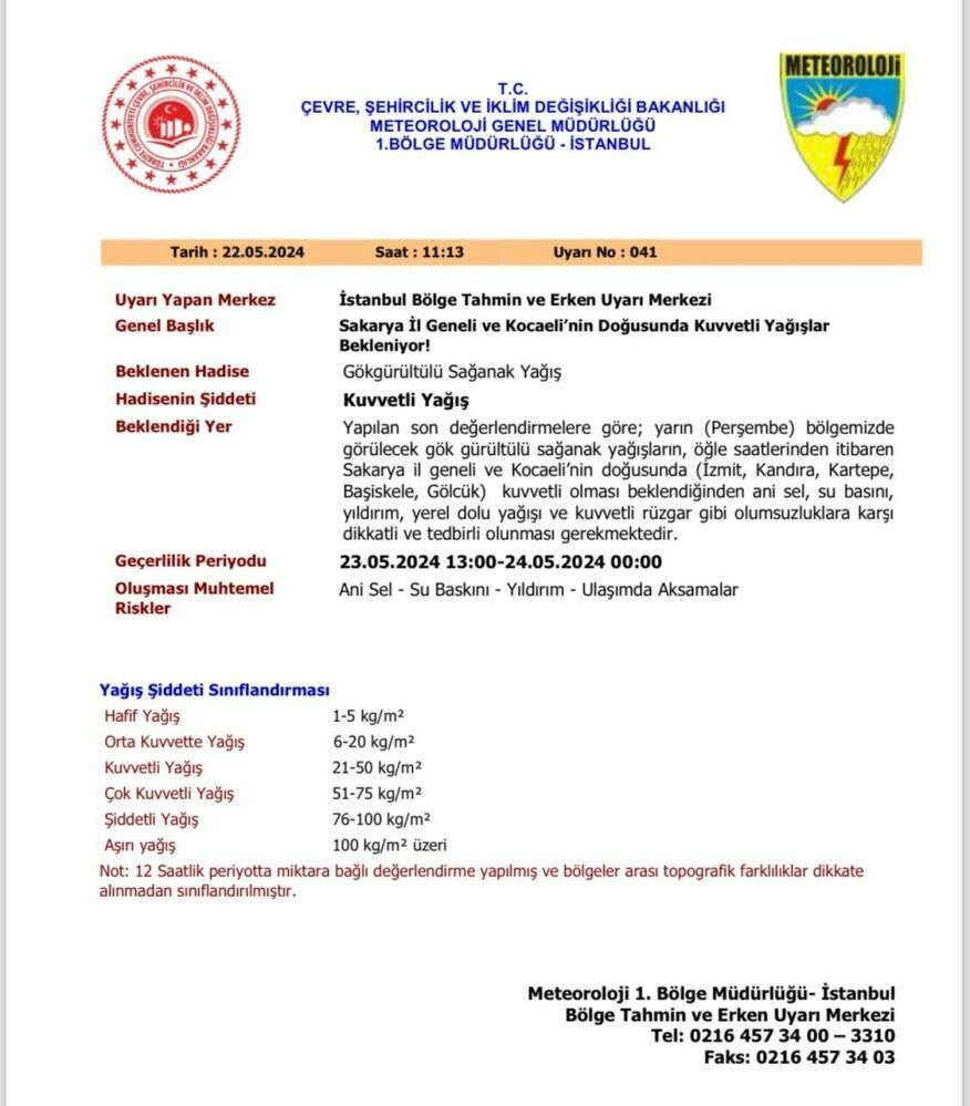 Sakarya Valiliği'nden meteorolojik uyarı geldi