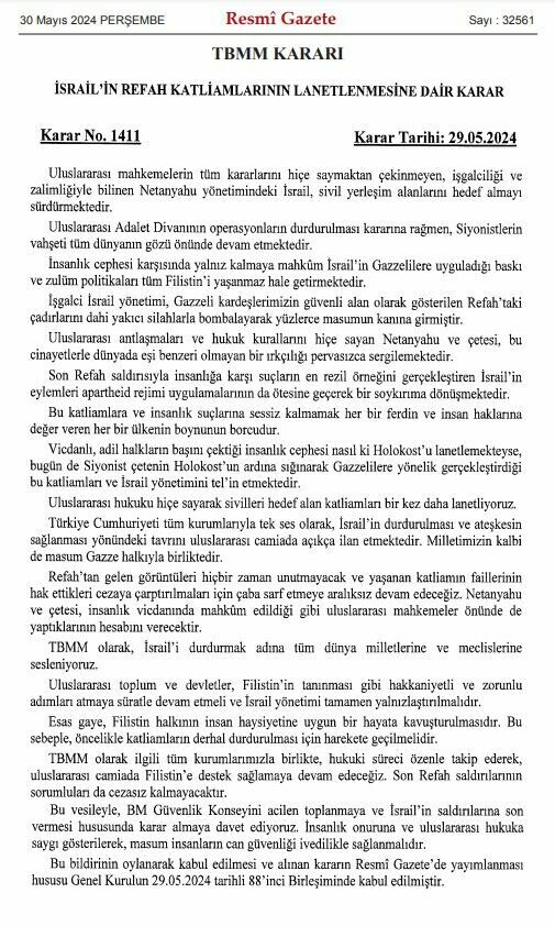 İsrail'in Refah Katliamlarının Lanetlenmesine Dair Karar Resmi Gazete'de yayımlandı!