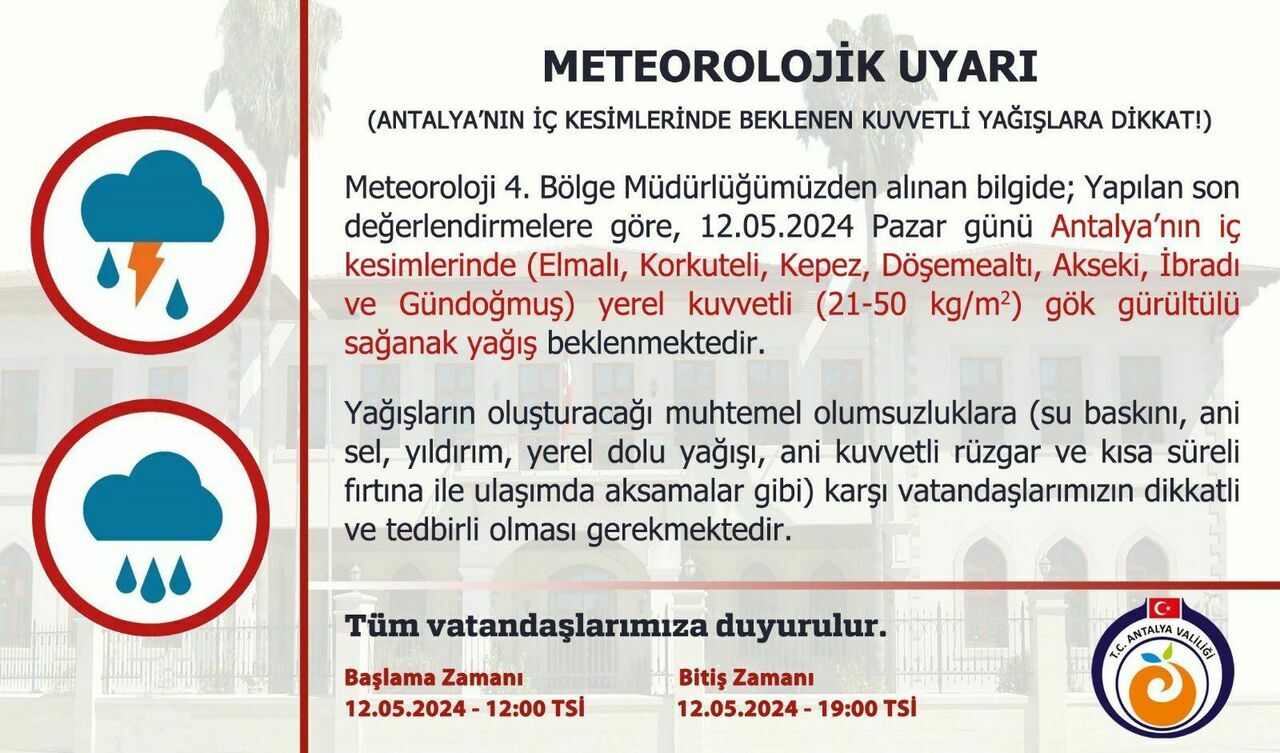 Meteoroloji uyardı: Antalya'nın iç kesimlerinde kuvvetli yağış