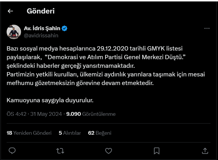 Idris Şahin Deva Açıklaması