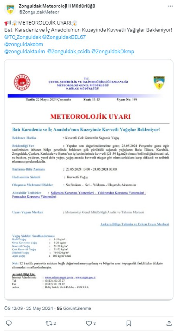 Meteoroloji uyardı: Zonguldak için kuvvetli gök gürültülü sağanak yağış