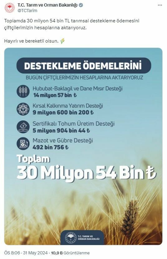 Destek ödemeleri hesaplara yatırıldı