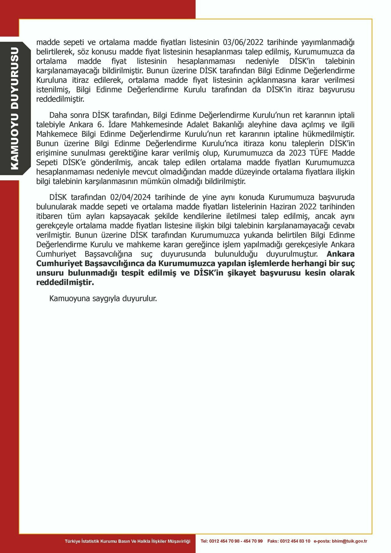 TÜİK'ten enflasyon sepeti açıklaması