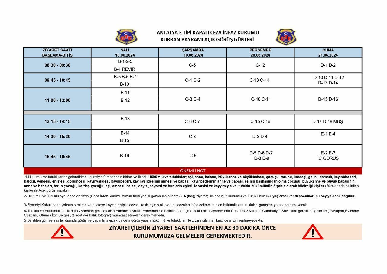 Antalya cezaevi Kurban Bayramı ziyaret günü ve saatleri açıklandı