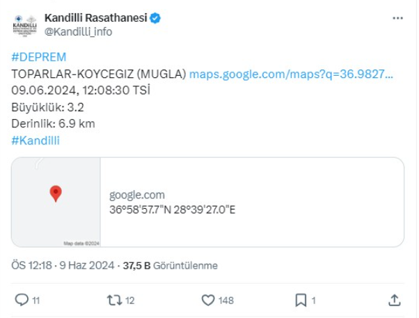 Köyceğiz'de deprem meydana geldi