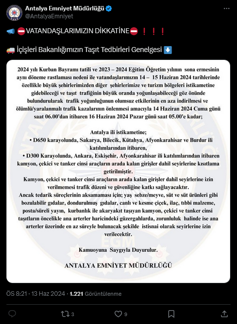 Screenshot 2024 06 13 At 23 18 35 (22) X'te Antalya Emniyet Müdürlüğü ? ⛔️Vatandaşlarimizin Di̇kkati̇ne⛔️ ❗️❗️❗️ ? İçişleri Bakanlığımızın Taşıt Tedbirler[...]