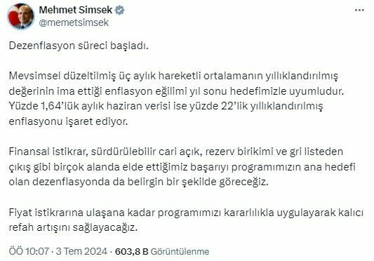 Bakan Şimşek: Dezenflasyon süreci başladı