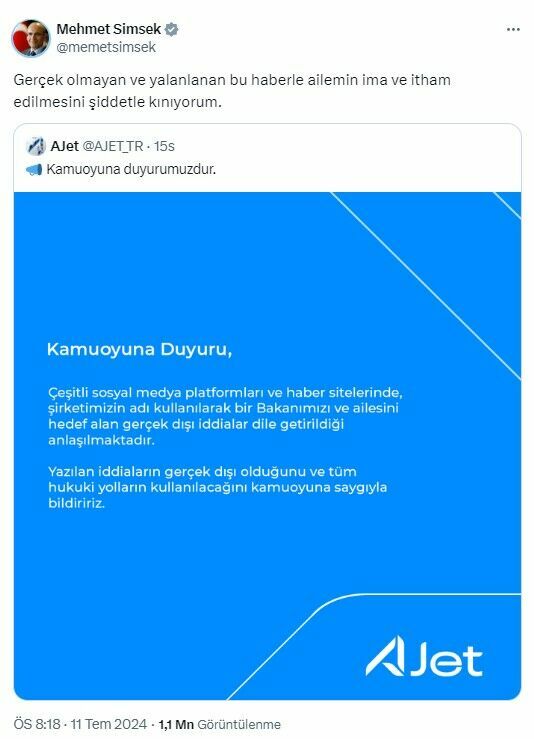 Mehmet Şimşek'ten Fatih Altaylı'ya 'AJet' yanıtı