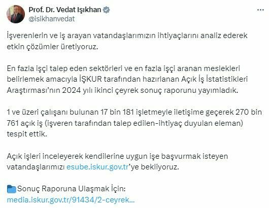 Bakan Işıkhan açıkladı! En fazla işçi aranan meslekler belli oldu