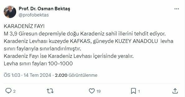 Osman Bektaş'tan Giresun depremi sonrası uyarı geldi: Fay hattını işaret etti!