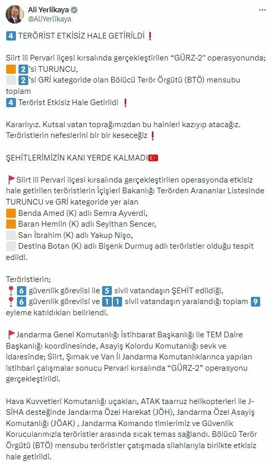 Gürz-2 Operasyonu'nda 4 ter*rist etkisiz hale getirildi